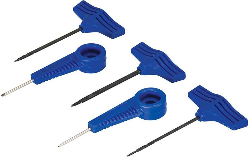 A set of five hand drills and awls with blue handles and silver metal tips, arranged diagonally on a white background.