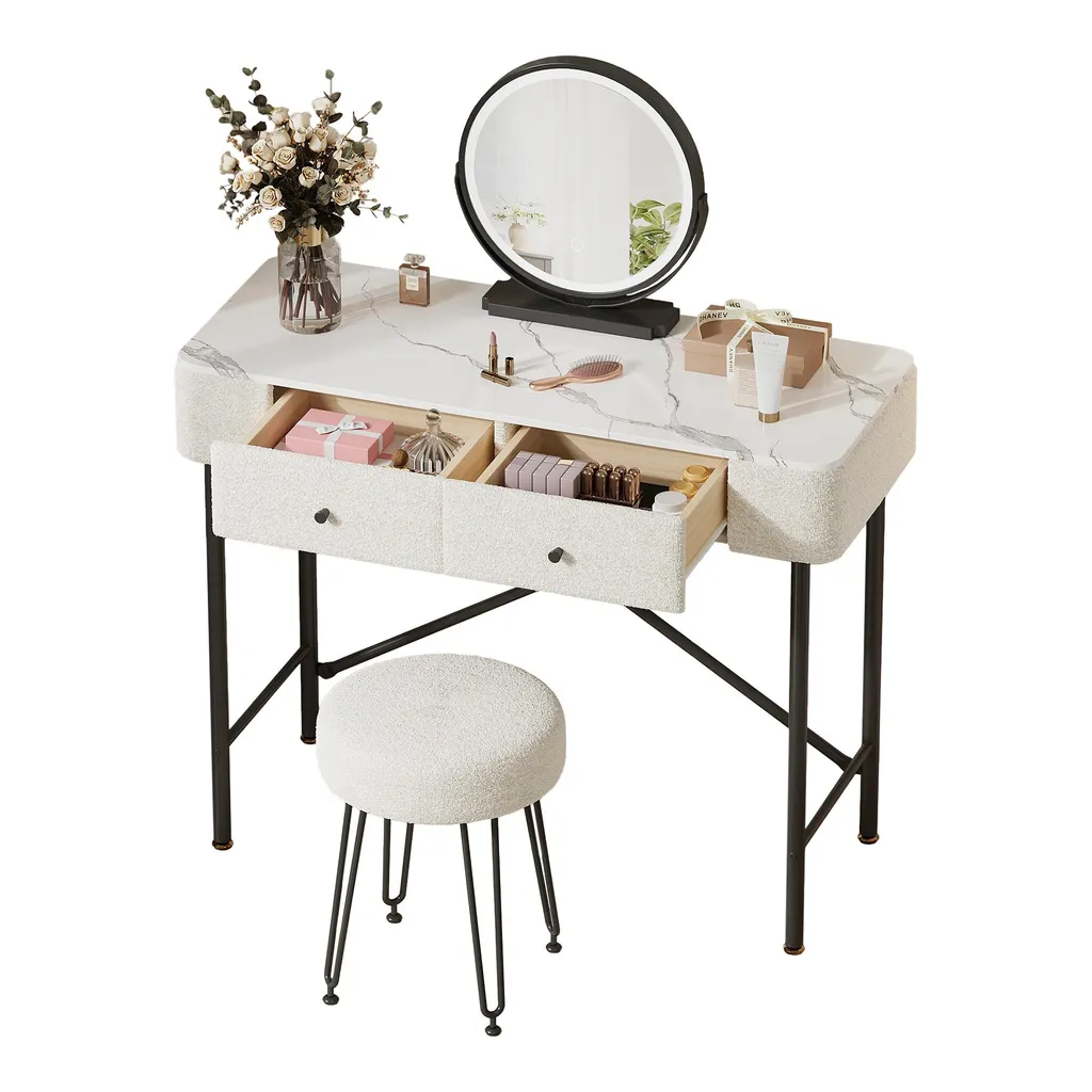 Coiffeuse avec Miroir LED Tactile, 2 Tiroirs et Finition Marbre Blanc - 9