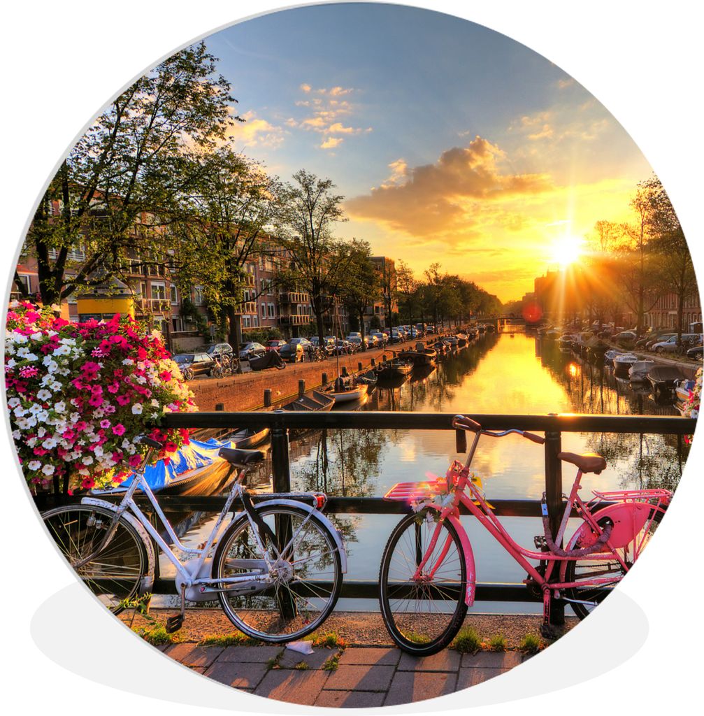 MuchoWow Rundes Wandbild - Runde Bilder Amsterdam - Blumen - Brücke - Fahrrad - Sonnenuntergang Ø 90 cm Kreis Wanddekoration Kunststoff - Wandk...
