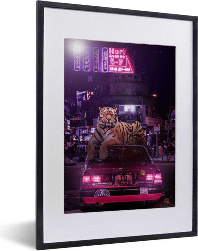 MuchoWow MuchoWow Gerahmtes Poster Tiger - Taxi - Stadt 30x40 cm - Poster mit zchwarzem Bilderrahmen - Wandposter Schlafzimmer