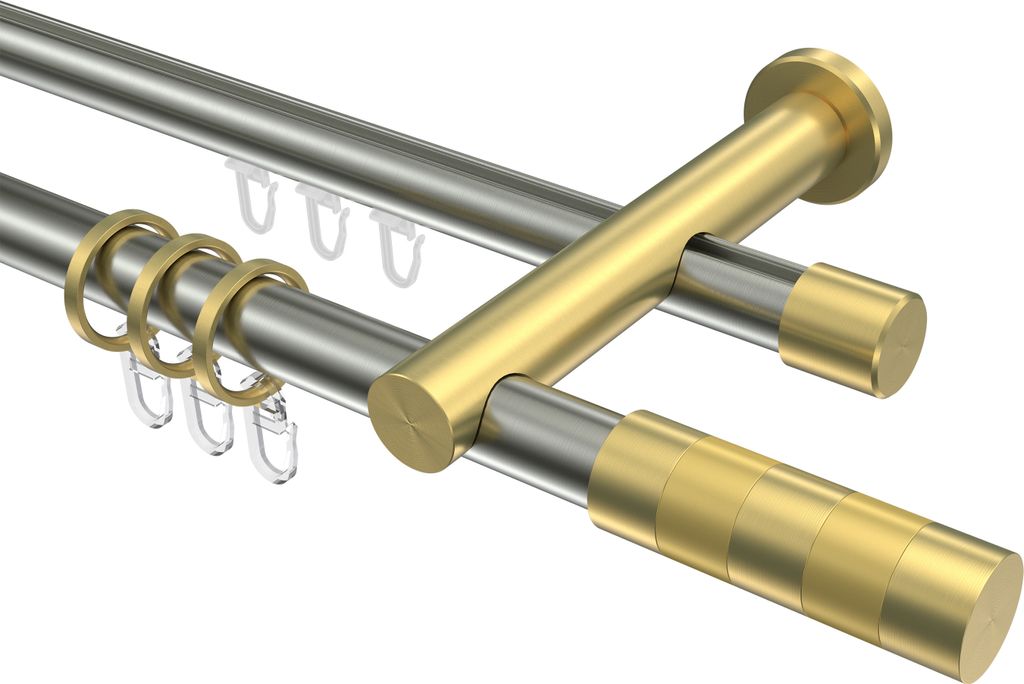 Interdeco Rundrohr-Innenlaufstange / Gardinenstange (Kombination) Edelstahl-Optik / Messing-Optik, Typ Platon Mavell (Zylinder Bicolor), 20 mm Ø 2...