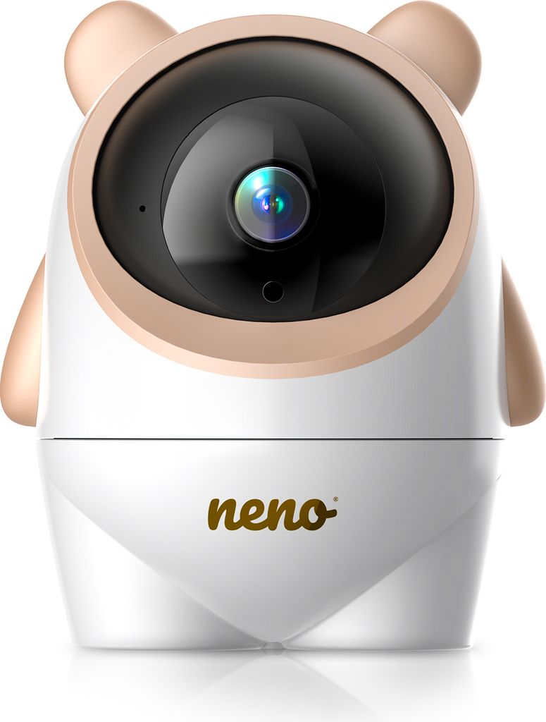 A white and gold baby monitor with a camera lens and bear-like ears.