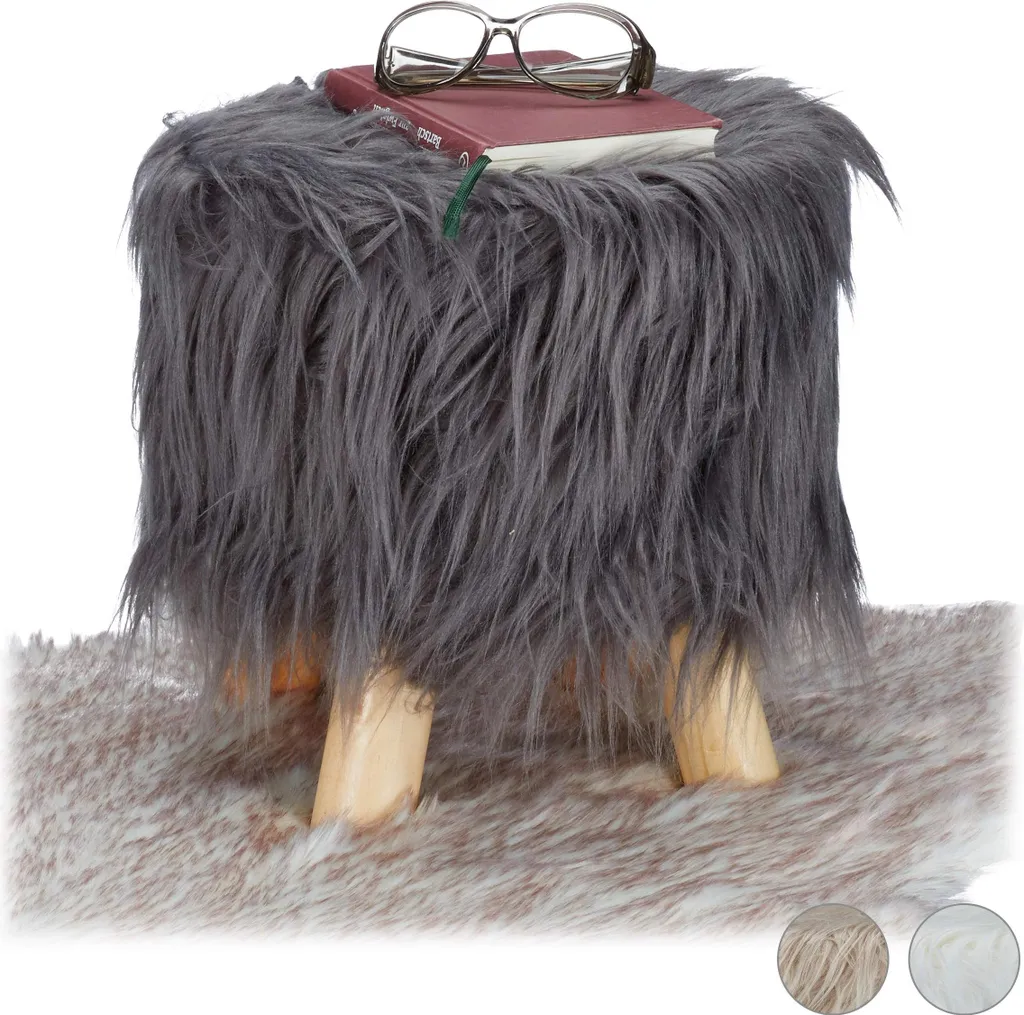 Sgabello Relaxdays Pelliccia Grigio: Pouf Morbido con Gambe in Legno