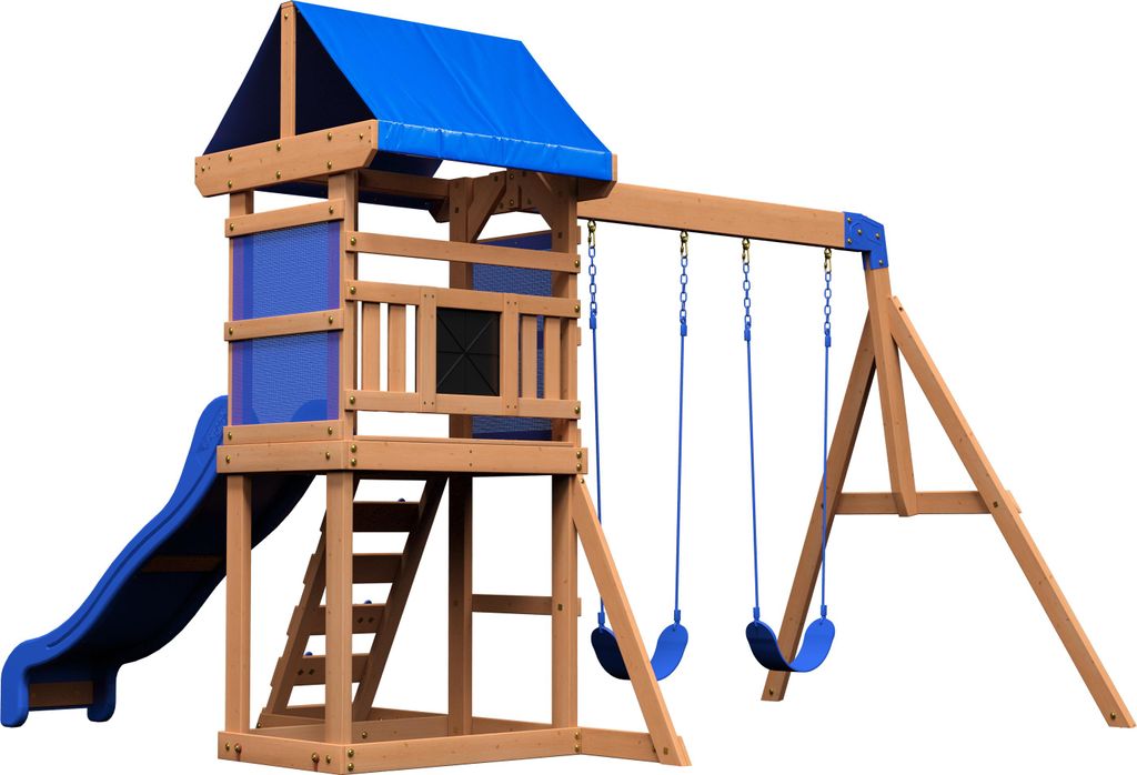 Backyard Discovery Spielturm Aurora aus Holz | XXL Spielhaus für Kinder mit Rutsche, Schaukeln und Kletterleiter | Stelzenhaus für den Garten