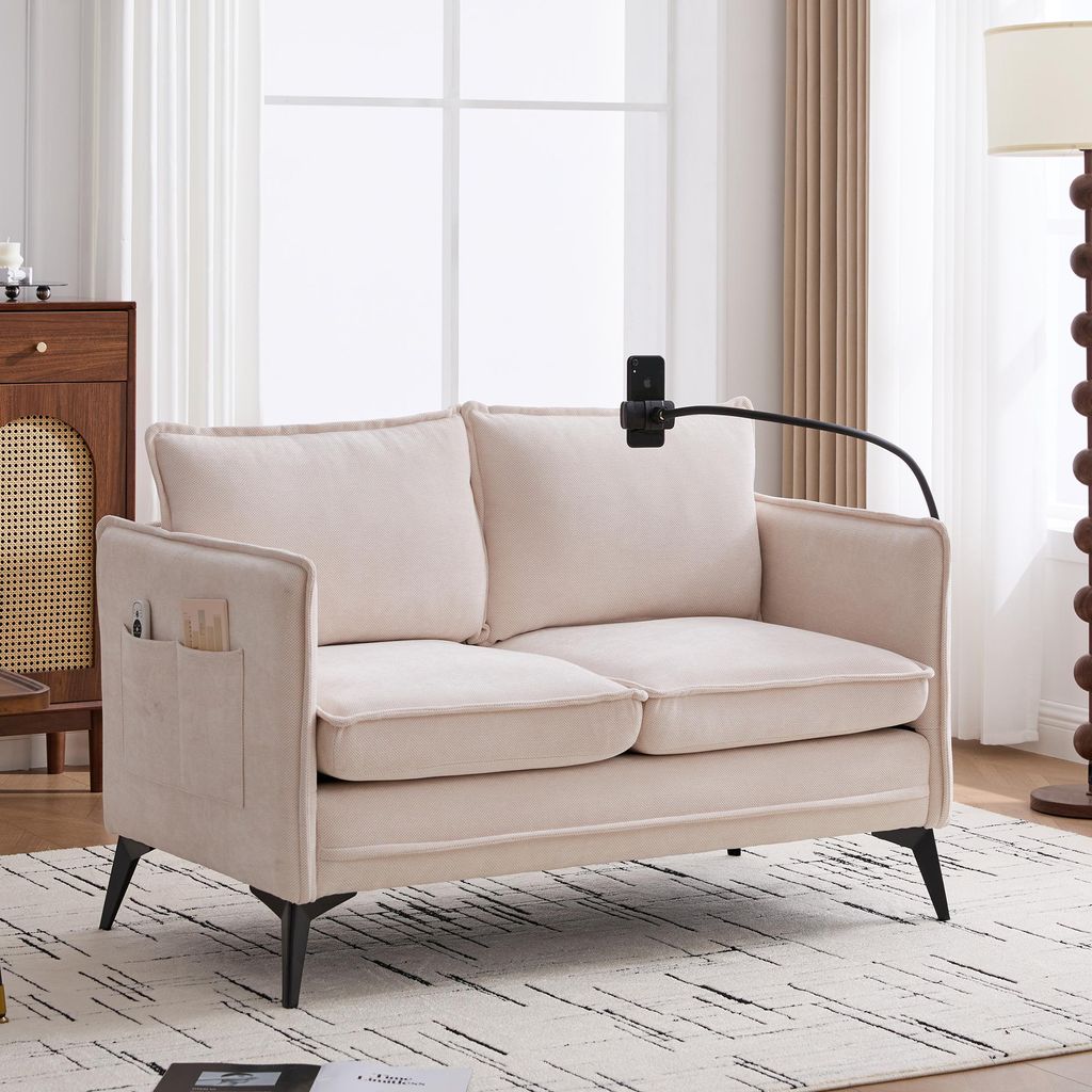 LVHOM 2-Sitzer Sofa mit Handyhalter und USB, Doppelsofa mit Seitentaschen, Polstersofa Zweisitzer mit Chenille Bezug, Beige