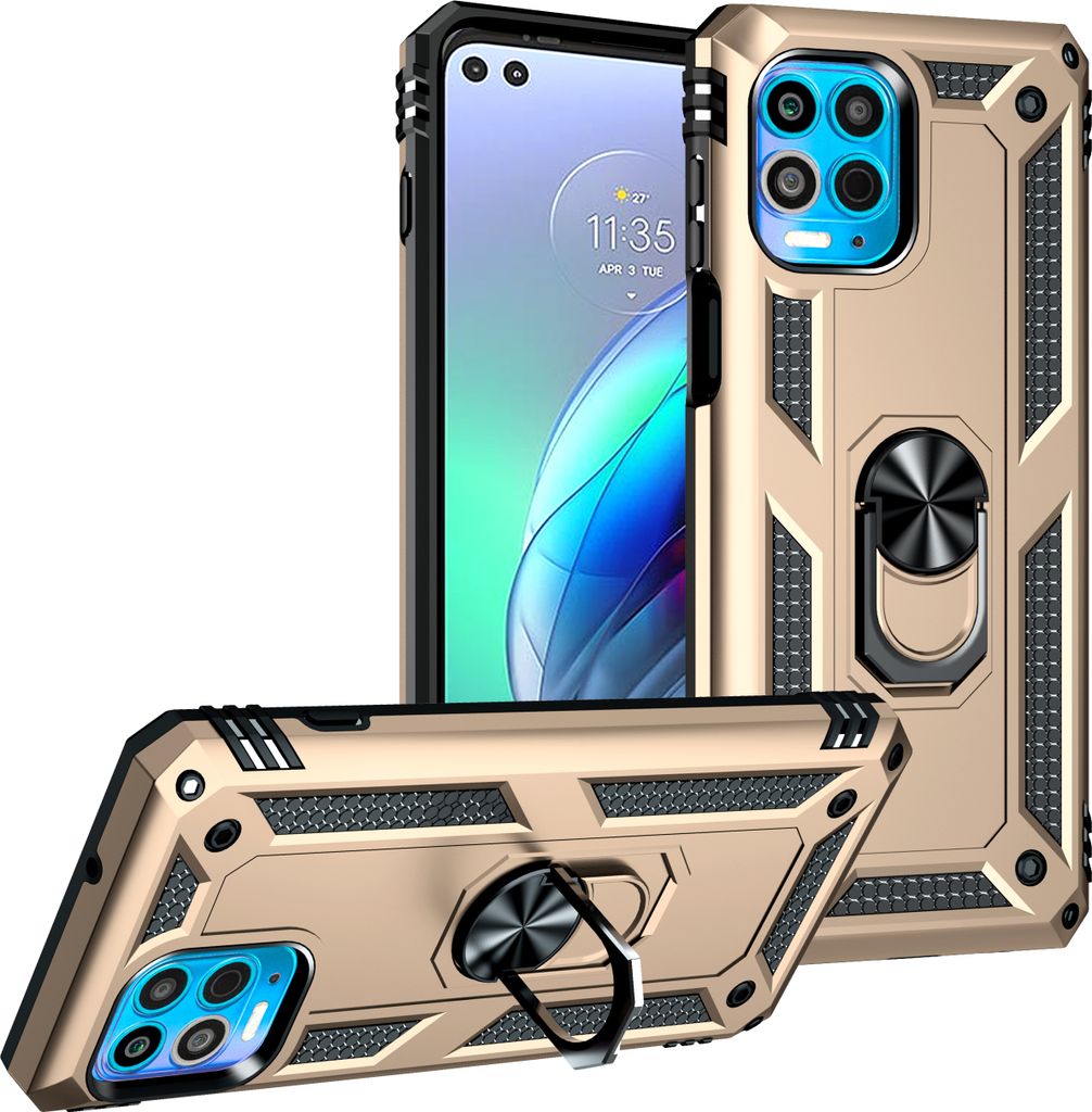 Moto Edge S Hülle, Dual Layer Militäre Fallschutz Schutzhülle mit Ringhalterung Ständer für Motorola Moto G100/Edge S Gold