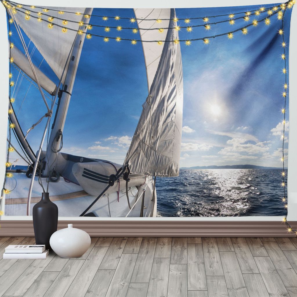 ABAKUHAUS Aqua Weiß Wandteppich, Segelboot im Meer, Wohnzimmer Schlafzimmer Heim Seidiges Satin Wandteppich, 200 x 150 cm, Weiß Blau