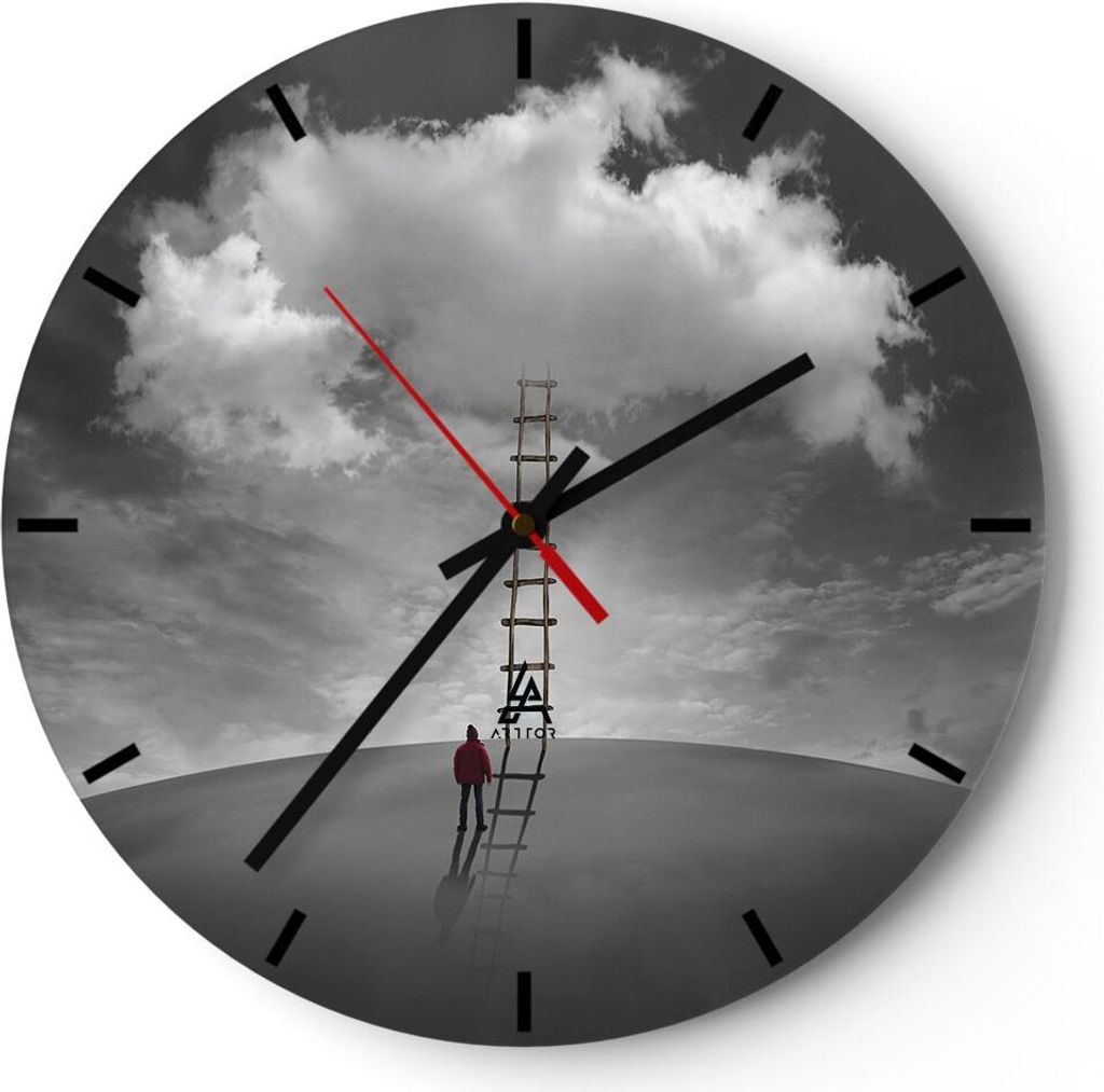 Wanduhr - Rund - Glasuhr - Symbol Leiter Himmel - 30x30cm - Schleichendes Uhrwerk - Lautlos - zum Aufhängen bereit - Dekoration Modern - Wanddekor...
