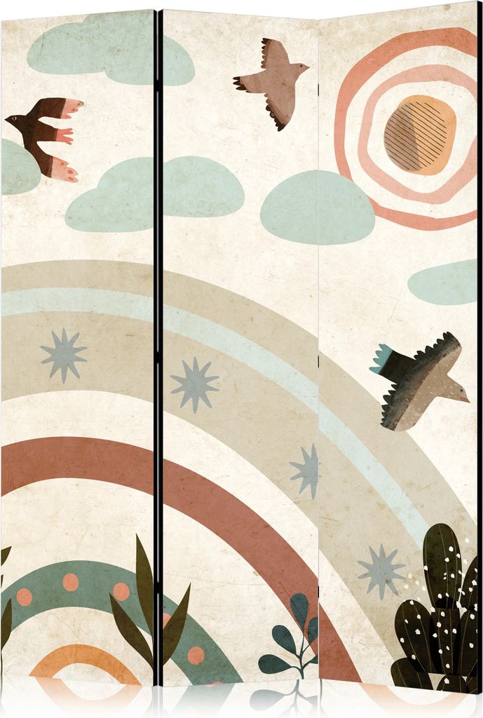 3-teiliger Doppelseitiger Vlies Paravent - Sun Above the Rainbow - Birds in Subdued Colors Flying Among Clouds Above a Rainbow and Vegetation on a ...