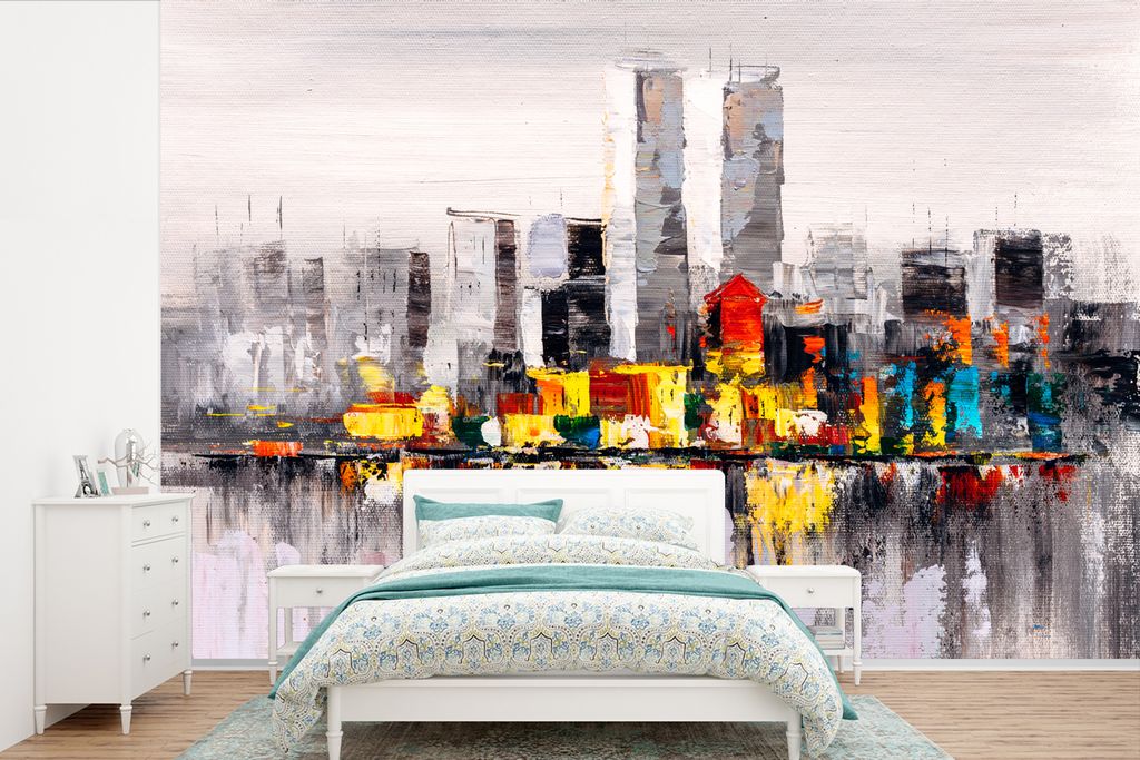 MuchoWow Fototapete für Wohnzimmer oder Schlafzimmer Wandtapete Vinyl Motivtapete Gemälde - Skyline - Farben - Ölfarbe - 525x350 cm - Das Hint...
