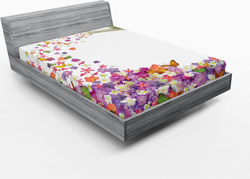 ABAKUHAUS Blumen Spannbetttuch, Schmetterlinge Narcissus Flowers Veilchen und Stiefmütterchen Gießen aus alten Gießkanne, 90 x 190 cm, Mehrfarbig