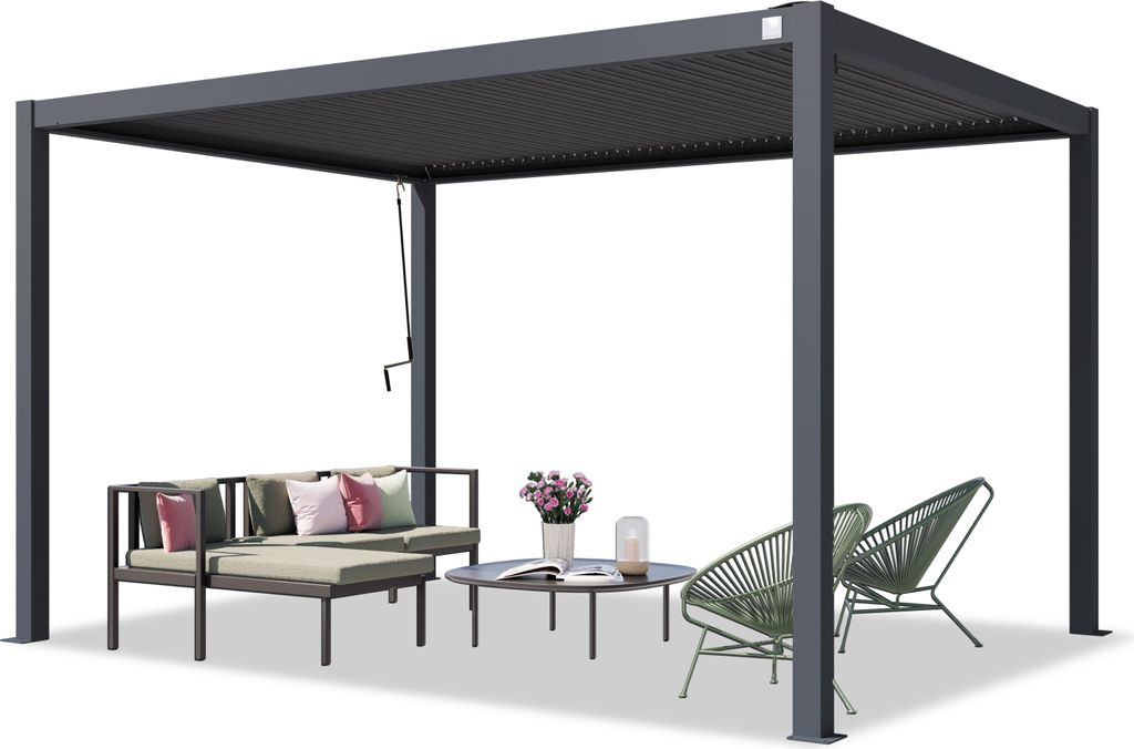 PRIMEYARD Pergola 3x4 m Aluminium-Pfosten mit Stahl-Lamellendach - anthrazitfarbene Terrassenüberdachung