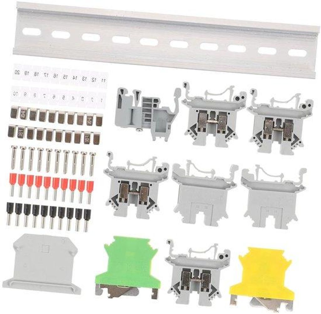 Elektrische Aansluitklemmen-Set mit Din-Rail-Connector, Erdklemmen, Blech-Brückenschlüssen, Endstücken, Endklammern und Markierungsstreifen