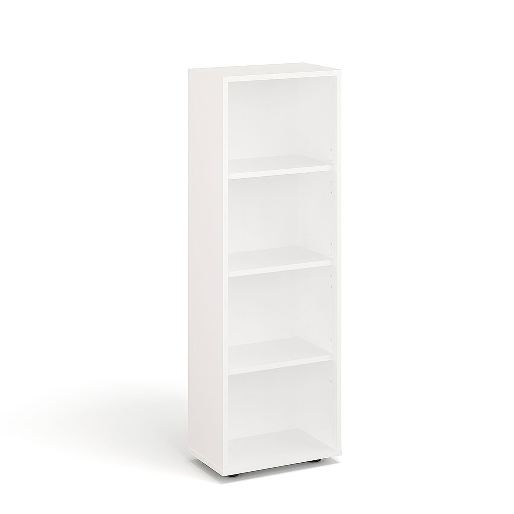 A white, four-shelf bookcase is shown against a white background.