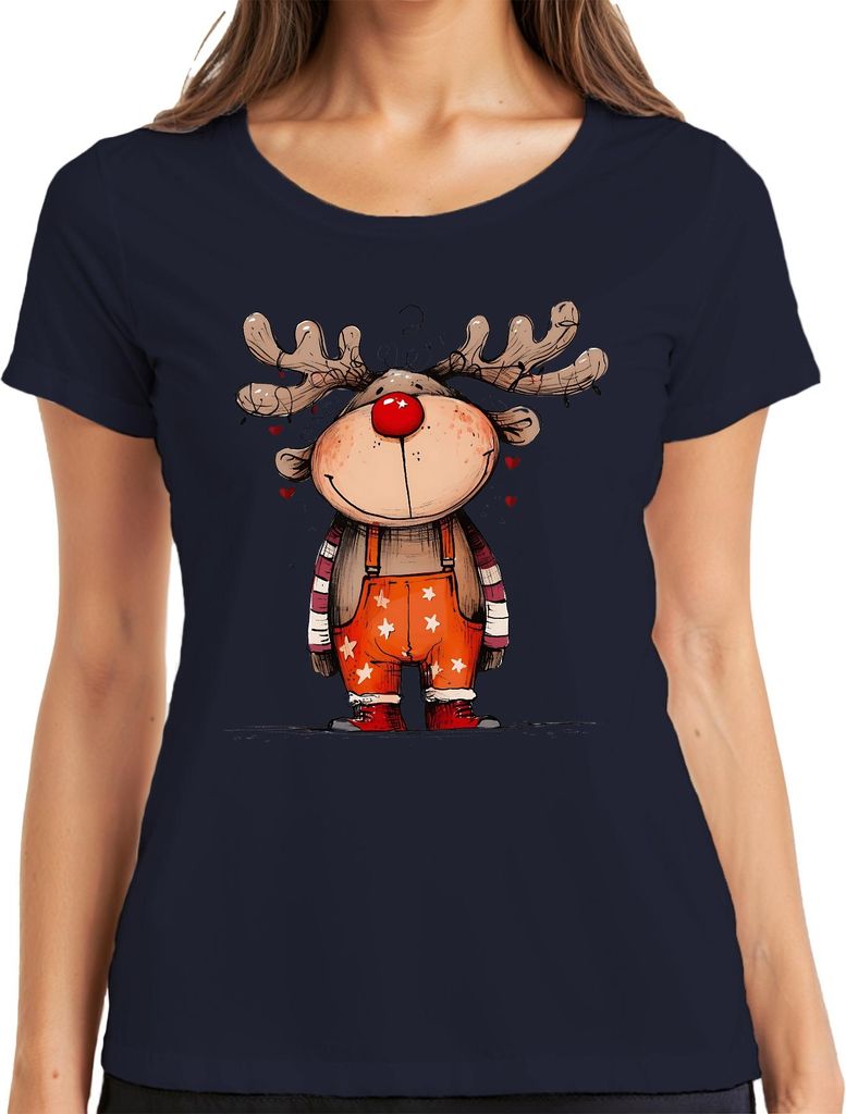 Niedliches Rentier mit roter Nase Rudolf Weihnachten Geschenk Damen T-Shirt, Navy, L