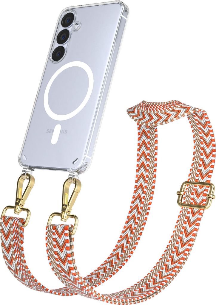 EAZY CASE - Handykette mit MagSafe Hülle für Samsung Galaxy S25, Handyband ZigZag Style,Karabiner Gold, Umhängeband in Beige