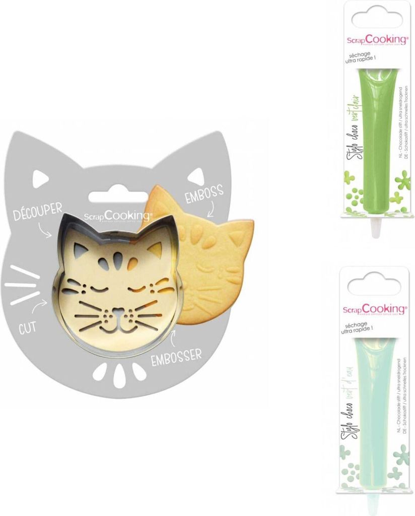 Relief-Kekspackung Katze + 2 hellgrüne und wassergrüne Schokoladenstifte