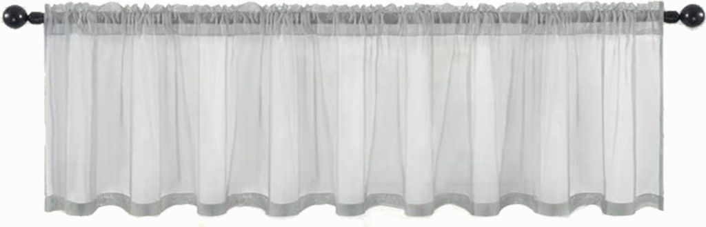 A sheer, gray-trimmed valance curtain hanging on a curtain rod.