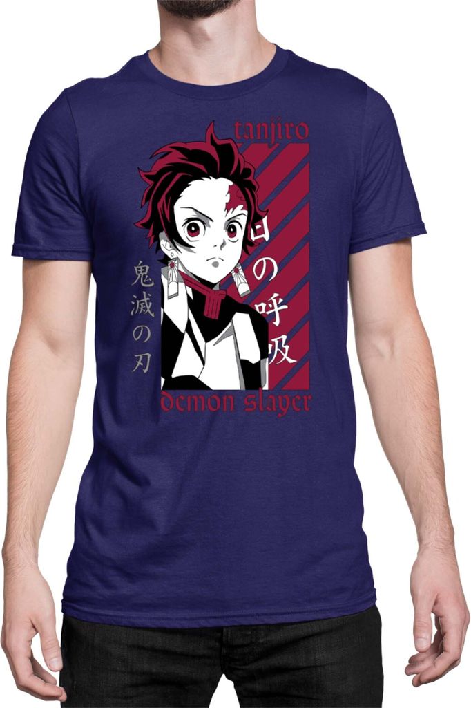 Herren T-Shirt Demon Anime Slayer Kimetsu No Yaiba Tanjiro Kamado 009, Man 3XL / Dunkelblau