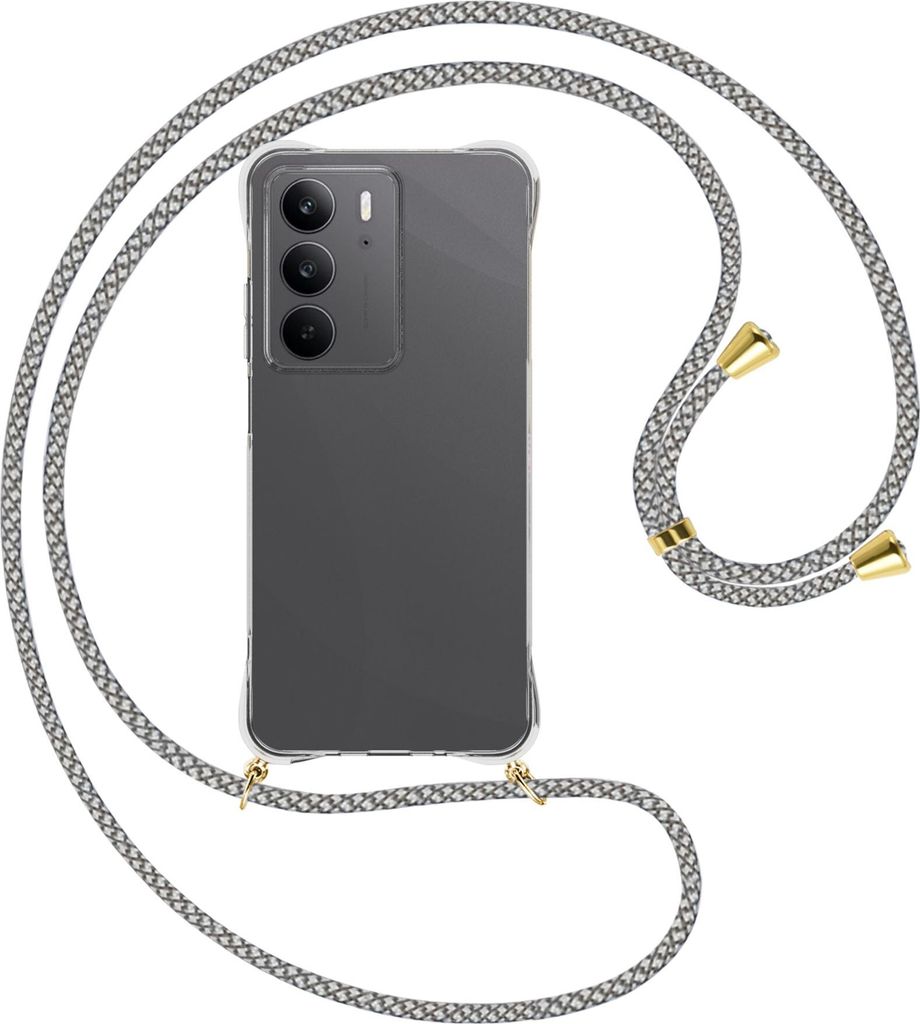 Handykette Backcover-Schutzhülle mit Band (Metall goldfarben) für Realme C75 4G - weiß/grau kariert