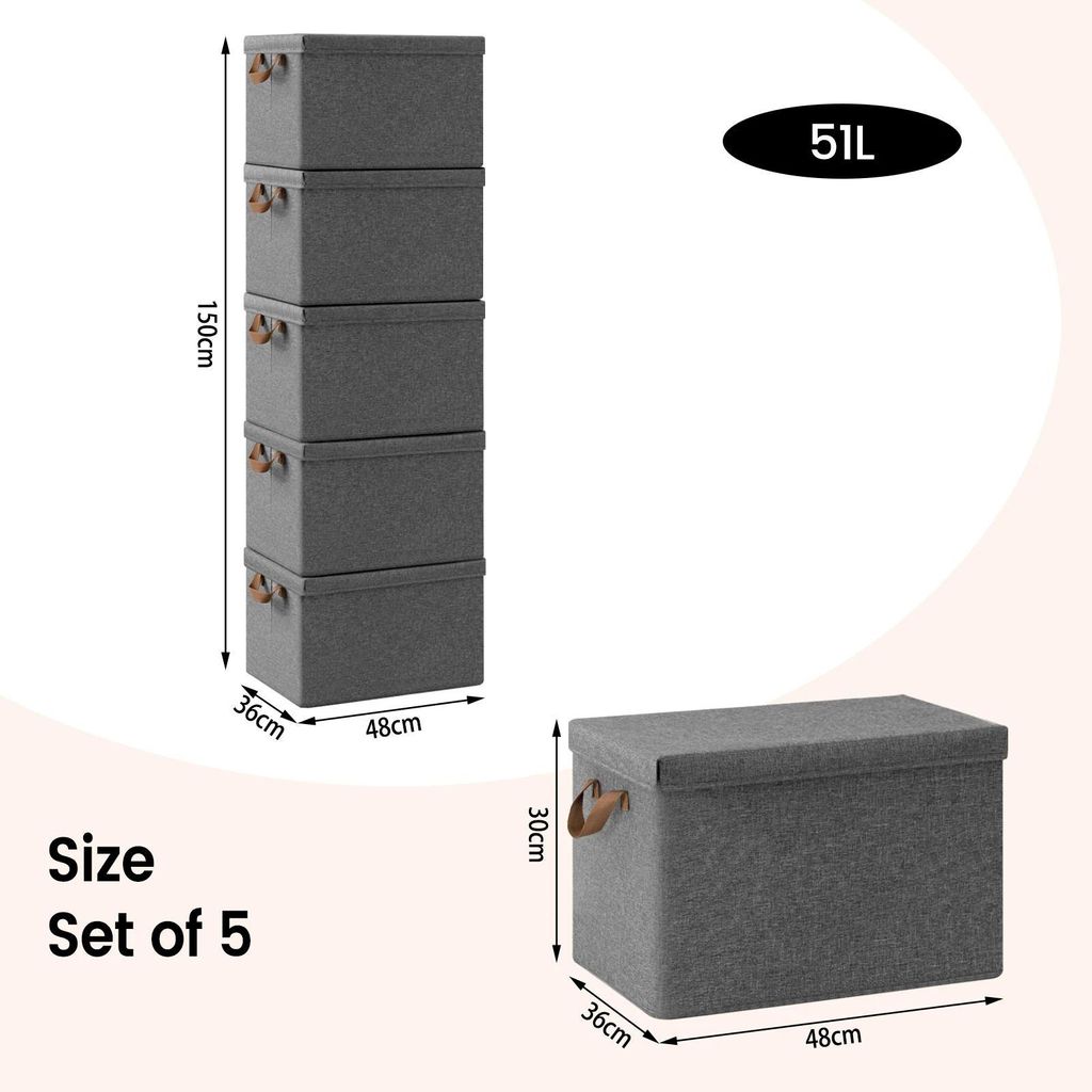 Aufbewahrungsbox - Kleideraufbewahrung - 51 L - 5er Set - Mit Deckel und Tragegriffen - Faltbar - Stoff (Polyester) - Braun