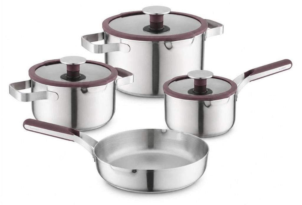 BergHOFF Home Topfset Antihaft 7 teilig Edelstahl mit Glasdeckeln, für alle Herdarten, backofenfest bis 180 Grad