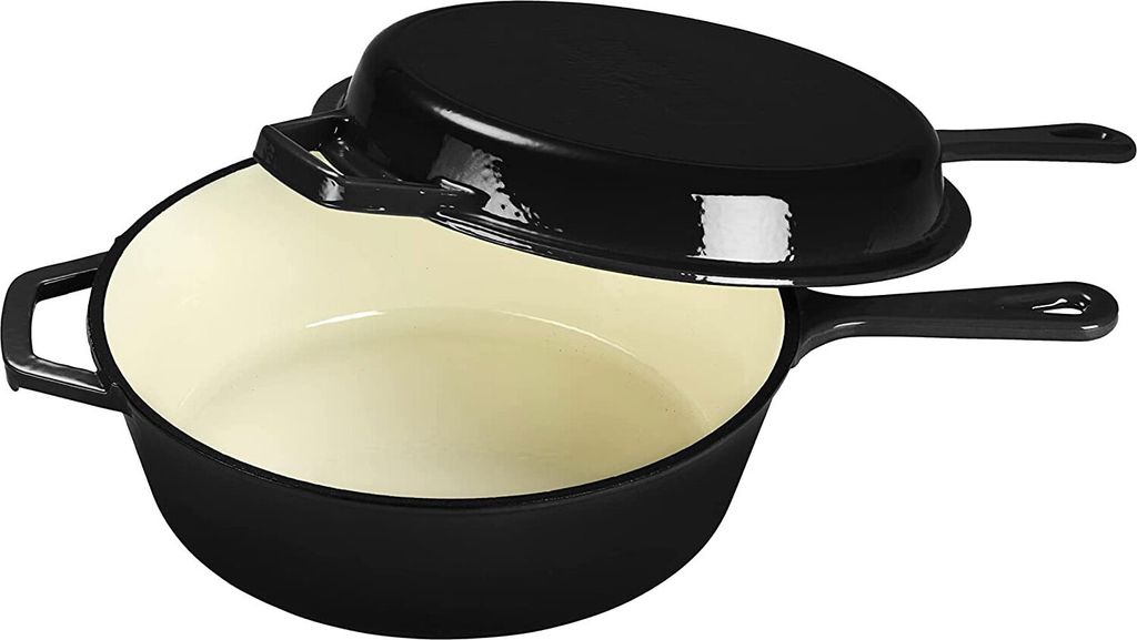 Echtwerk Schmortopf Grillpfanne 2-in-1 Set, Gusseisen Bräter mit Deckel, Gusseisentopf mit Emaille-Beschichtung BBQ Induktion Grau, 2,5 L, Farbe:S...