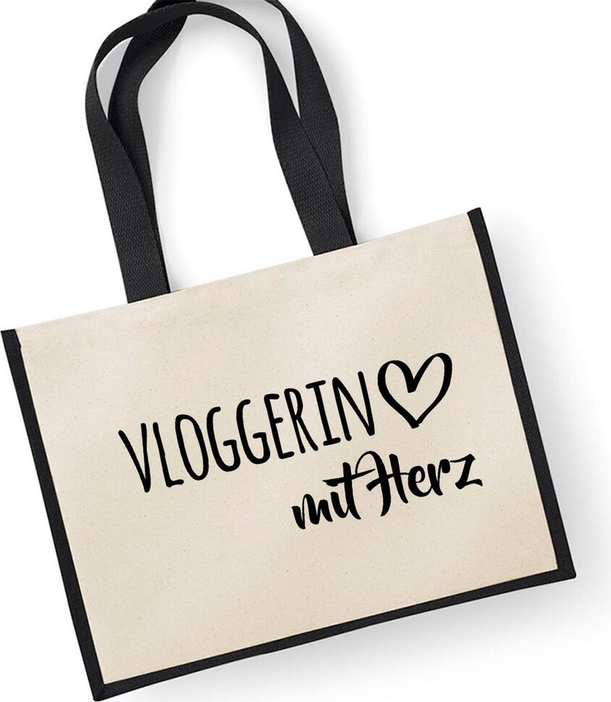 Huuraa Jutetasche Vloggerin mit Herz 21 Liter Black Jute und Baumwolle Einkaufstasche Geschenkidee