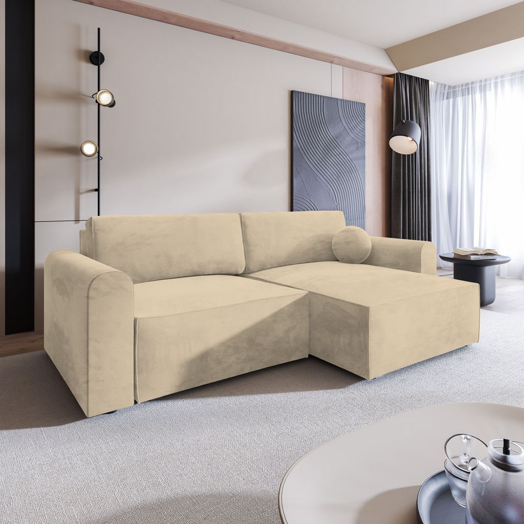 Masseno Ecksofa FIANO M mit Schlaffunktion L-Form, Sofa mit Bettkasten, Wohnzimmersofa, Couch, Soffa, Bettsofa, Couchgarnitur- Creme, MONOLITH 04