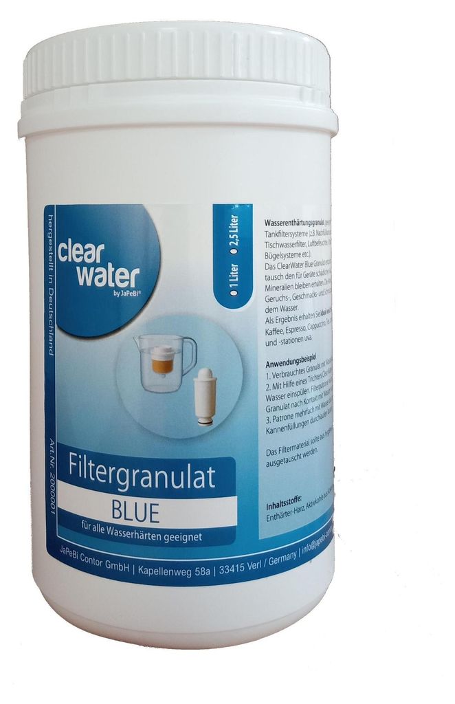 A white plastic container with blue labeling for filter granules.