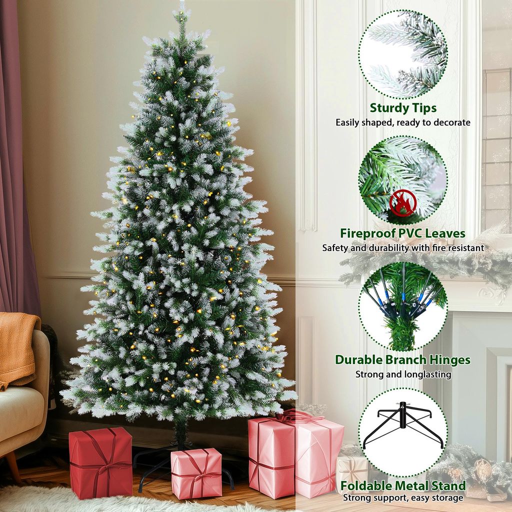 A decorated artificial Christmas tree with gifts underneath, surrounded by marketing text and graphics highlighting its features.