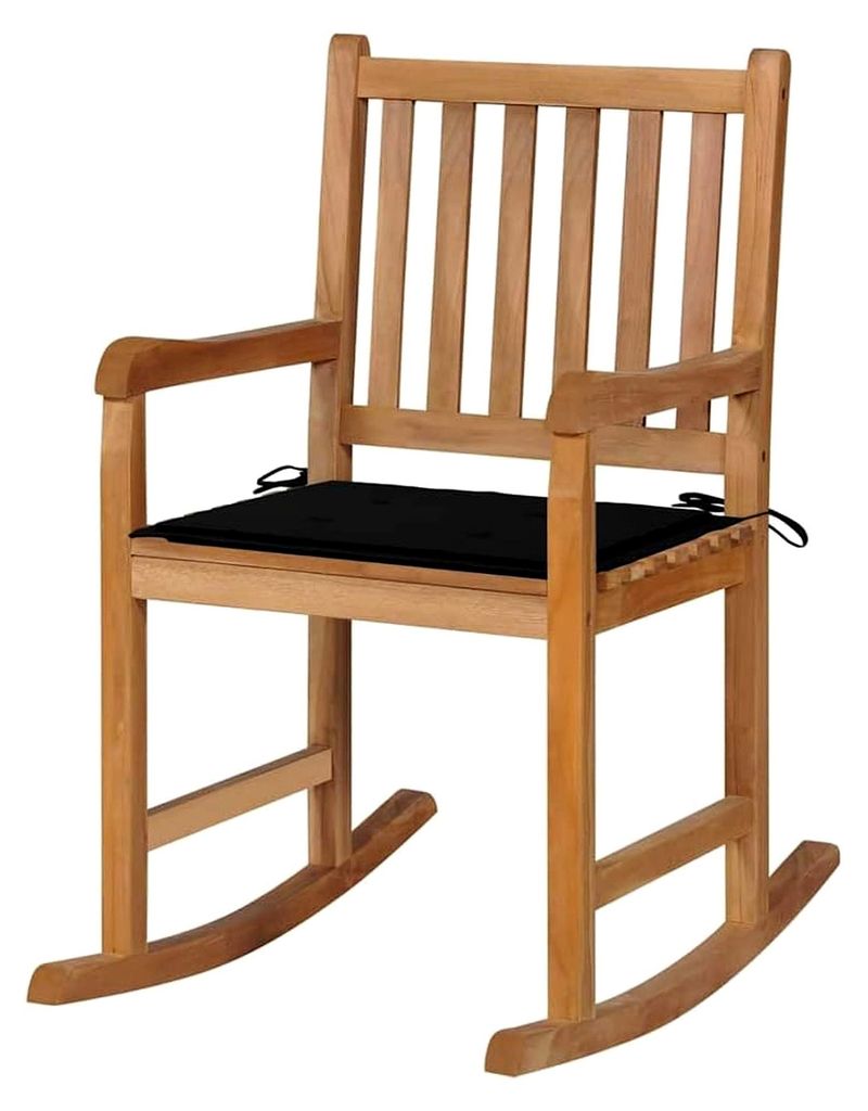 Schaukelstuhl für den Außenbereich mit schwarzem Kissen, Teakholz, Lattendesign, Relaxsessel für Garten und Balkon, 58x92,5x106 cm