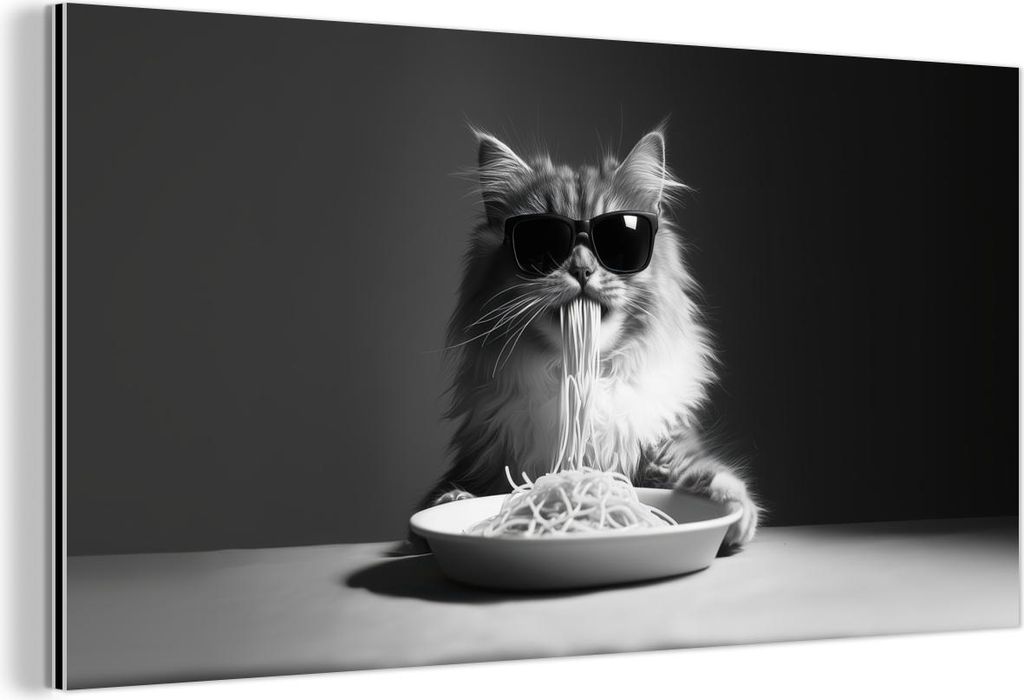 MuchoWow Wanddekoration Metall Metallbild Wandkunst 80x40 cm Langhaarkatze - Sonnenbrille - Spaghetti - Humor - Schwarz - Weiß MuchoWow Aluminium ...