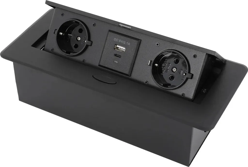 Prise de table encastrable avec 2 prises UE USB-A et C câble 1,8m Noir