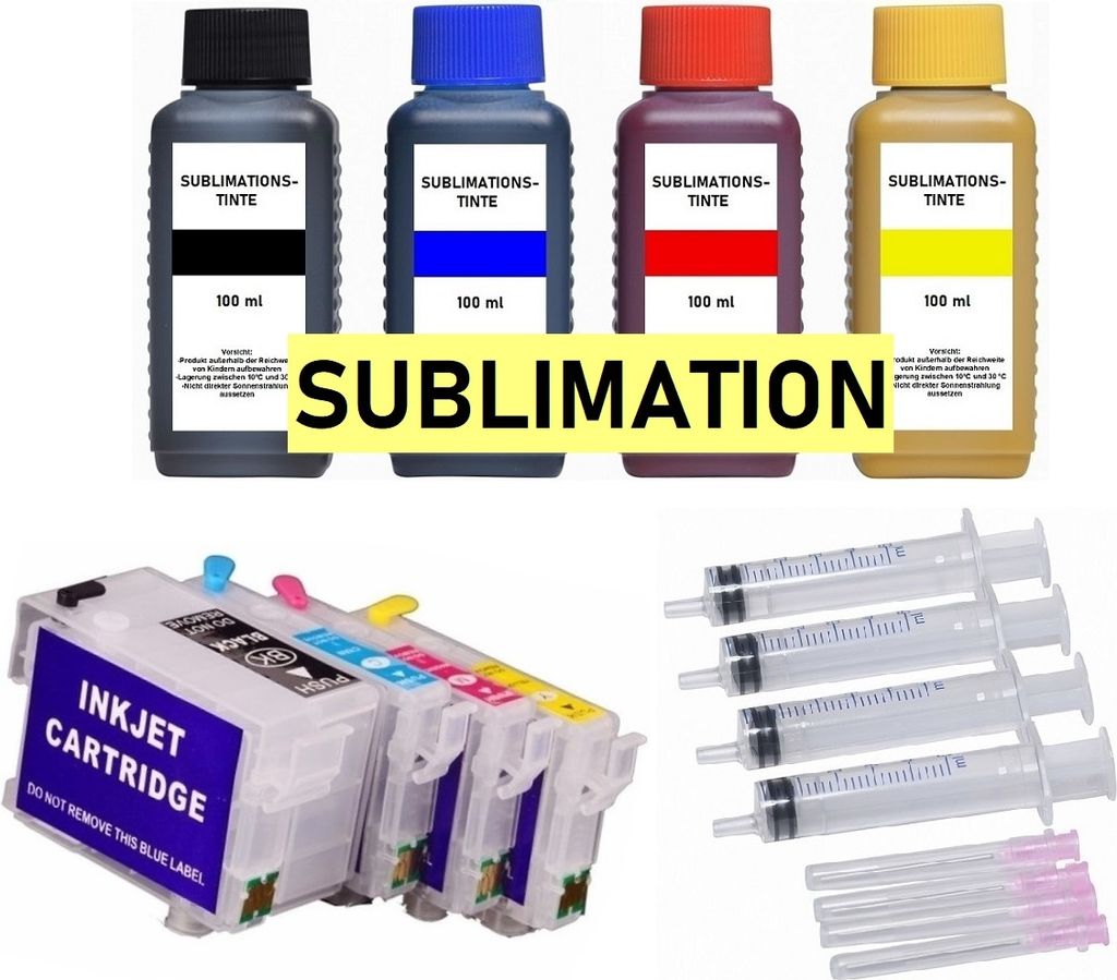 Wiederbefüllbare Tintenpatronen T34XL + 4 x 100 ml Sublimationstinte für Epson WorkForce Pro WF-3720 DW, WF-3720 DWF, WF-3725 DWF.