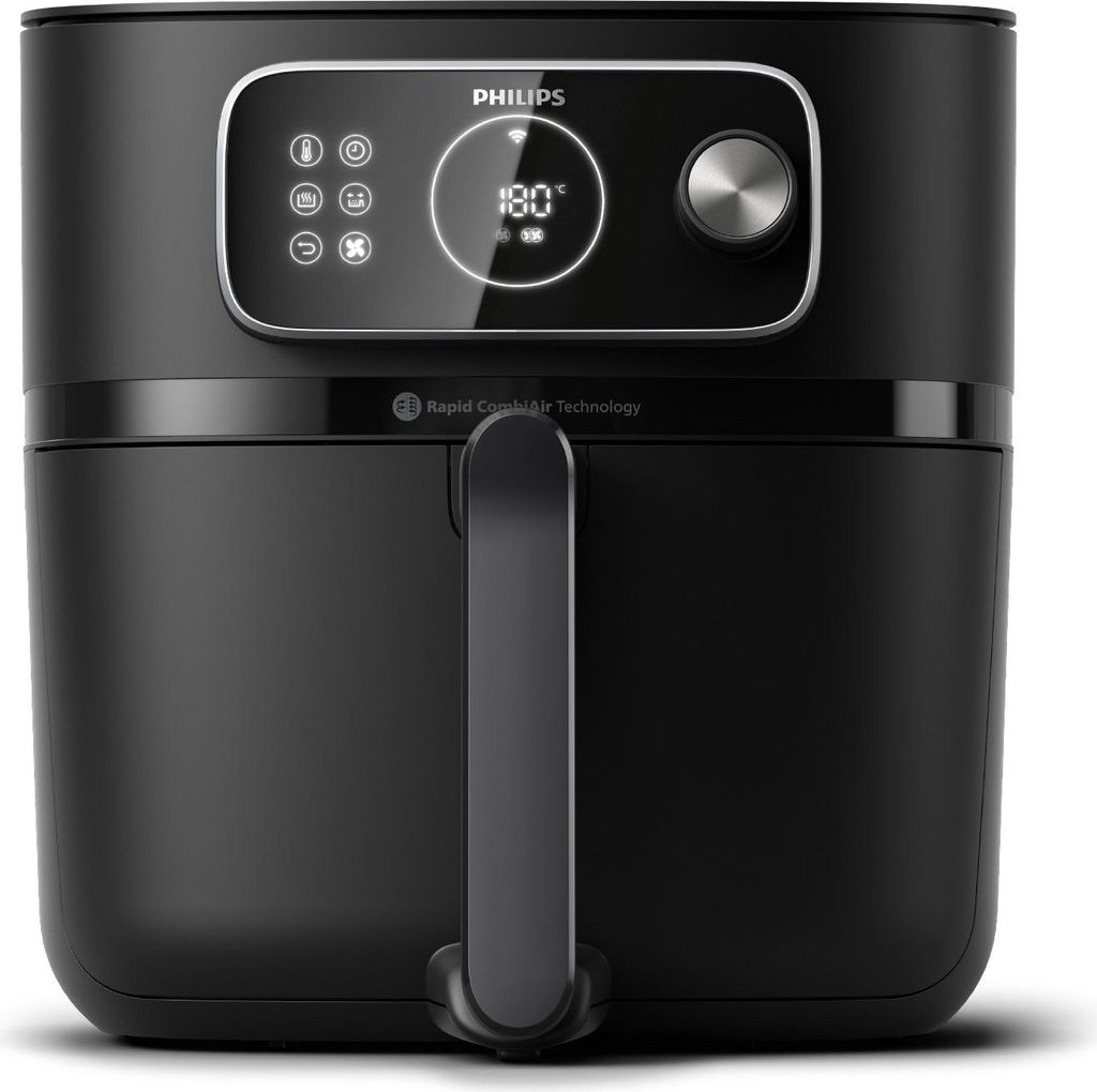 Front view of a black Philips air fryer on a white background.