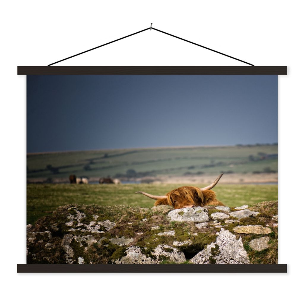 MuchoWow Textilposter Schottischer Hochländer - Steine - Moos 60x45 cm mit schwarzem Rahmen - Poster Schlafzimmer