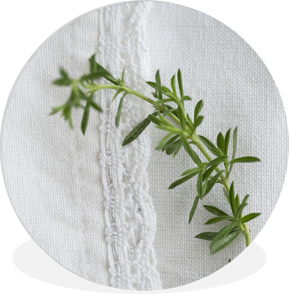 MuchoWow Rundes Wandbild - Runde Bilder Bohnenkrautzweig auf einem weißen Teppich Ø 60 cm Kreis Wanddekoration Kunststoff - Wandkreis - Wandsch...