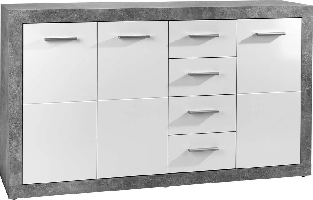 Buffet laqué blanc brillant style industriel béton avec rangements - 2