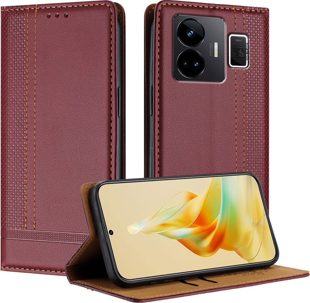 Handyhülle für Realme GT3 5G Leder Flip Klappbare Schutzhülle mit Standfunktion Dunkelrot