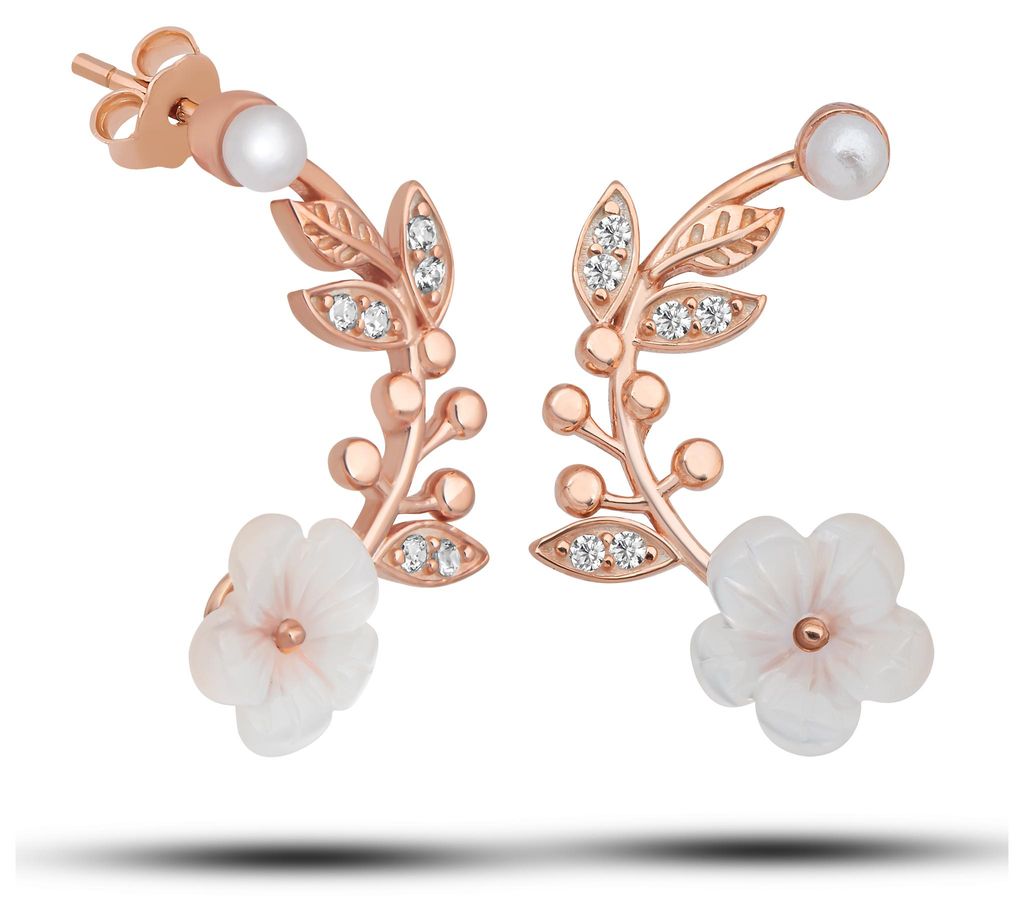 Edle 925 Silber Manolien Ohrringe Rosegold – Elegante Halbmond Ohrstecker mit Perlen