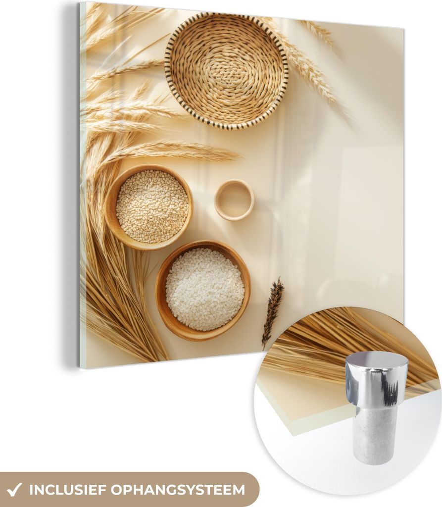 MuchoWow Glasbilder - Bilder auf Wandbild - Foto auf Glas Müsli - Holz - Schale - Beige 40x40 cm Wanddekoration aus Glas - Acrylglasbild - Acrylbi...