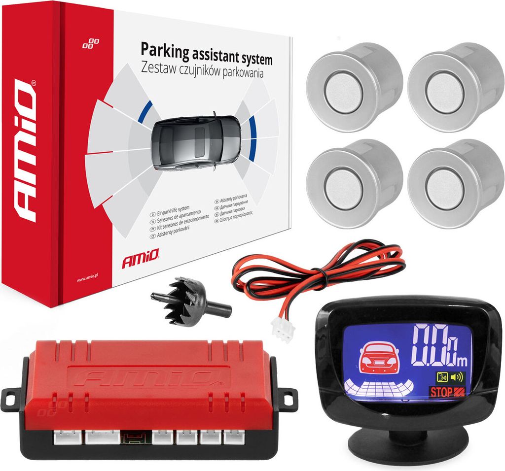 Parksensor-System mit 4 silbernen Sensoren LED-Anzeige AMIO-01561