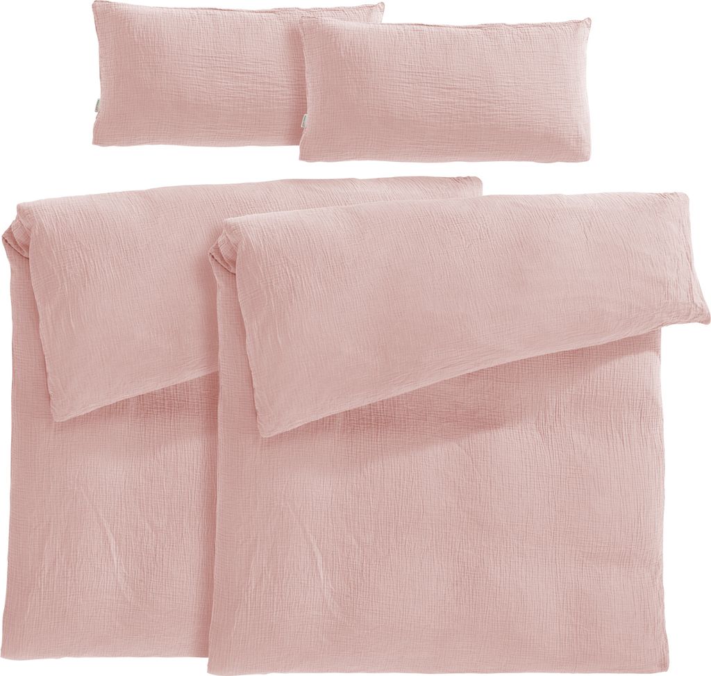Pure Label Musselin Bettwäsche 155x220 4 teilig bestehend aus Bettbezug 155 x 220 cm 2er Set + Kissenbezug 40x80 cm 2er Set aus Baumwolle in rosa
