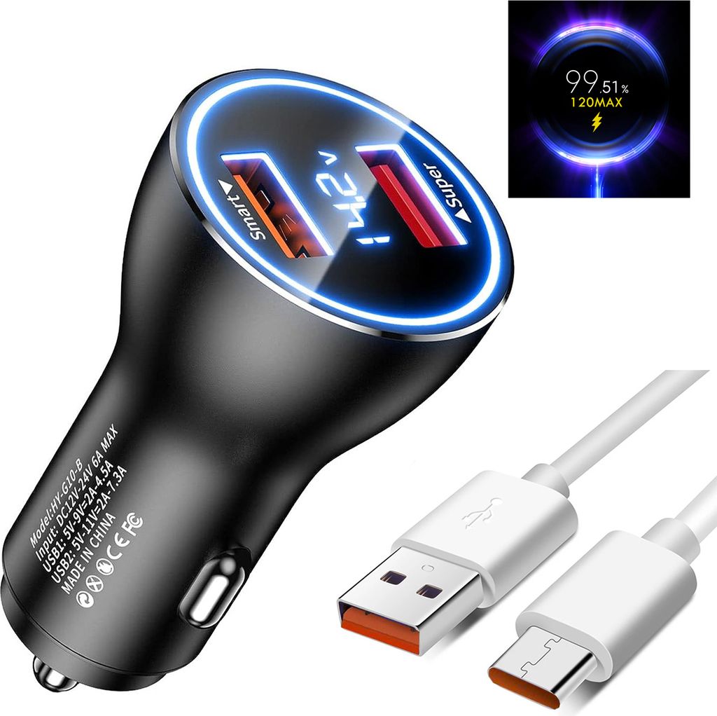 120W HYPERCHARFGE Autoladegerät Dual Usb Kfz Adapter für Xiaomi Mi14T Mi13 Mi12 Redmi Note 13 12 11 mit 6A Usb C Turbo Ladekabel