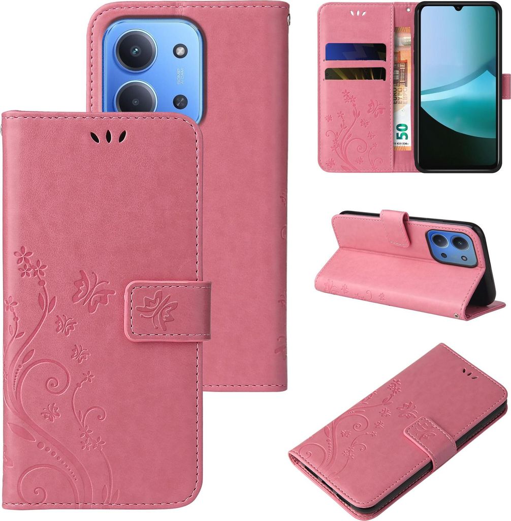 A collage of images showing a pink floral butterfly patterned flip phone case for a Xiaomi Redmi 15C, displayed from multiple angles and in use.