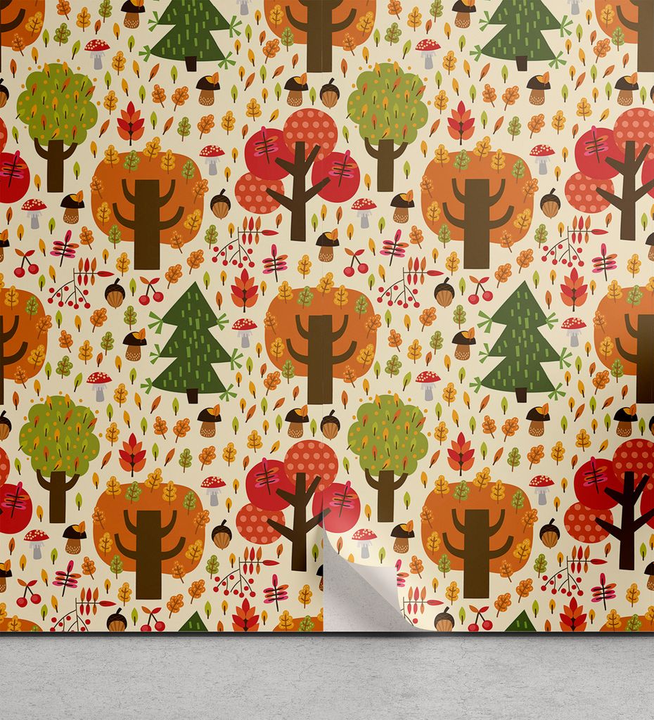 ABAKUHAUS Wald abziehbare & klebbare Tapete für Zuhause, Bunte Cartoon Herbst, selbstklebendes Wohnzimmer Küchenakzent, 33 cm x 250 cm, Mehrfarbig