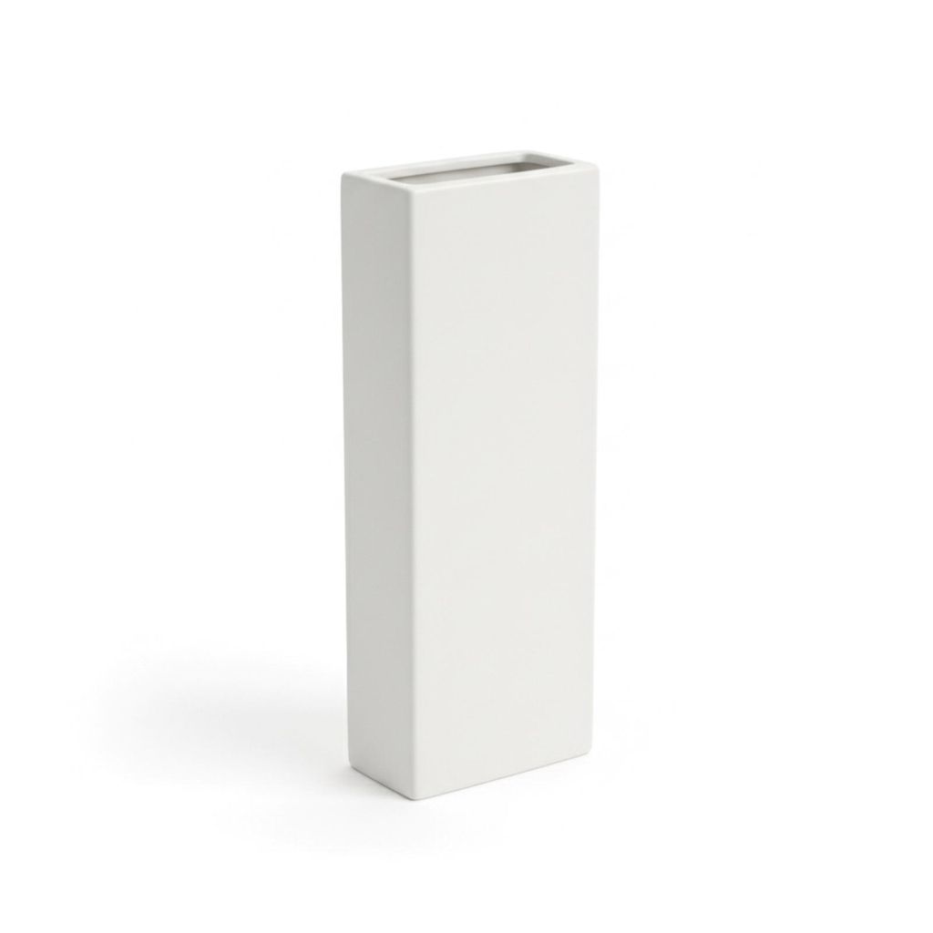 A white ceramic vase is shown against a plain white background.
