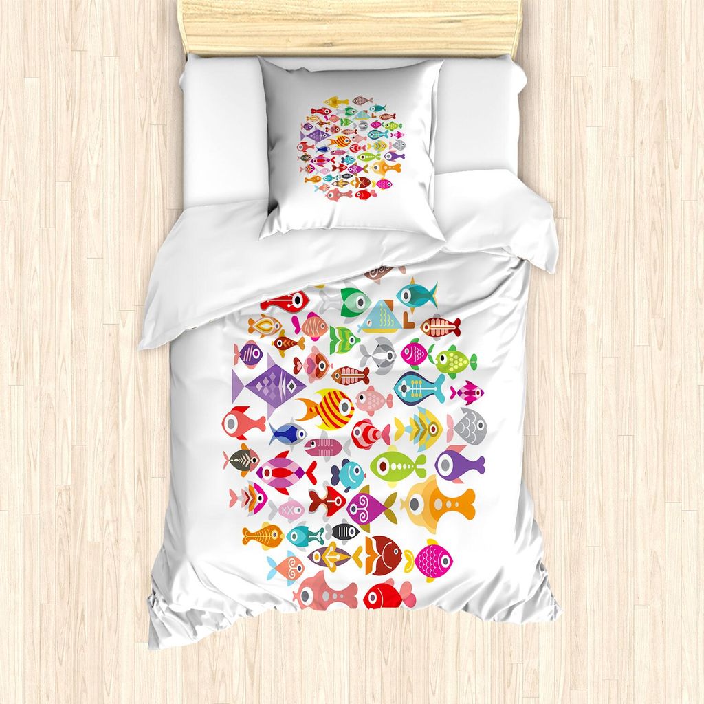 ABAKUHAUS Fisch Bettbezug Set, Aquarium-Schule der Fische Bunte Icons in einer Runde Unterwasserleben Thema Cartoon, 135 x 200 cm + 80 x 80 cm, Meh...