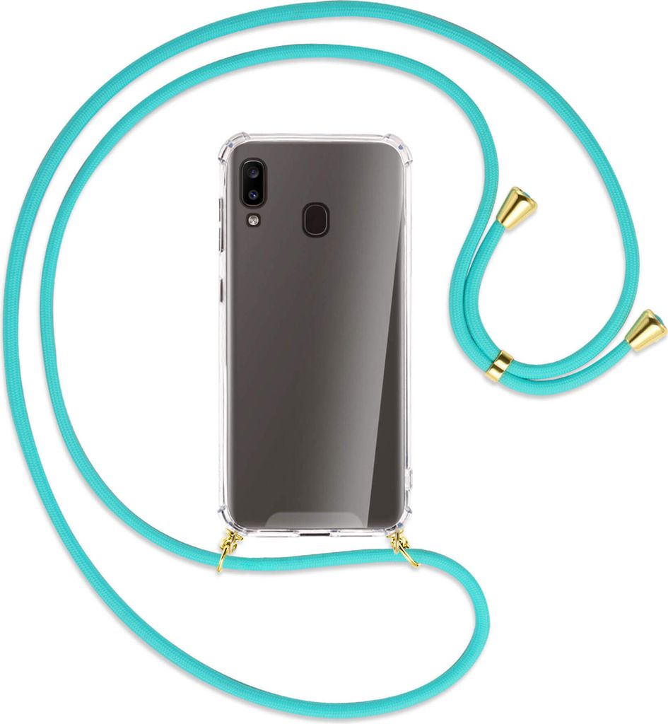 Handykette Backcover-Schutzhülle mit Band (Metall goldfarben) für Samsung Galaxy A20e - türkis